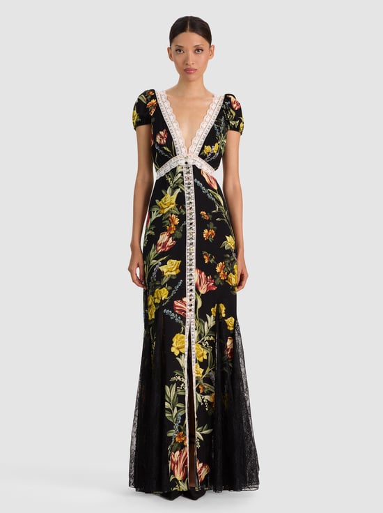 DESERT SPRIGS BLACK-ROSE BUTTON FRONT MAXI DRESS