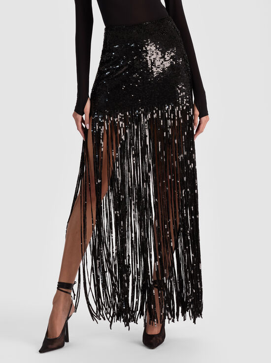 BLACK-KENDRA SEQUIN FRINGE MAXI SKIRT