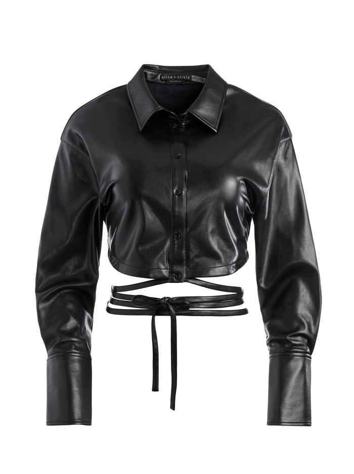 FLOSSIE VEGAN LEATHER CROPPED BUTTON DOWN - BLACK image 5 - Alice And Olivia