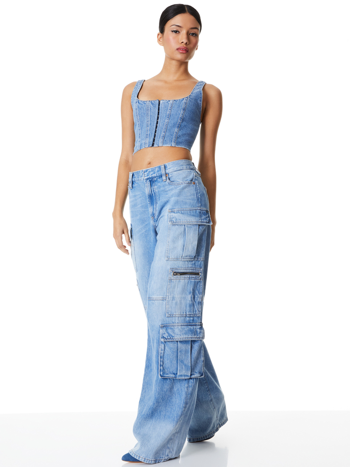 BRESLIN CORSET DENIM TOP + CAY BAGGY DENIM CARGO