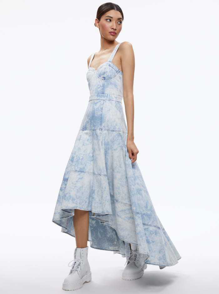 DONELLA DENIM BUSTIER HIGH LOW DRESS - SPARKY INDIGO BLEACH TIE DYE image 4 - Alice And Olivia