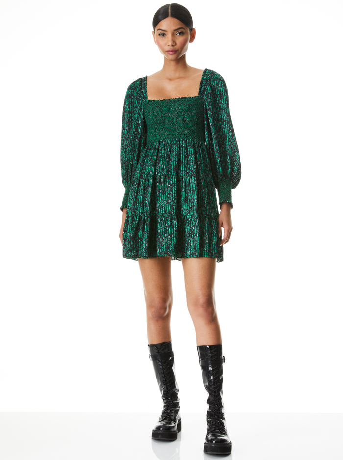 ROWEN TIERED MINI DRESS - MAKING PLANS DARK EMERALD - Alice And Olivia