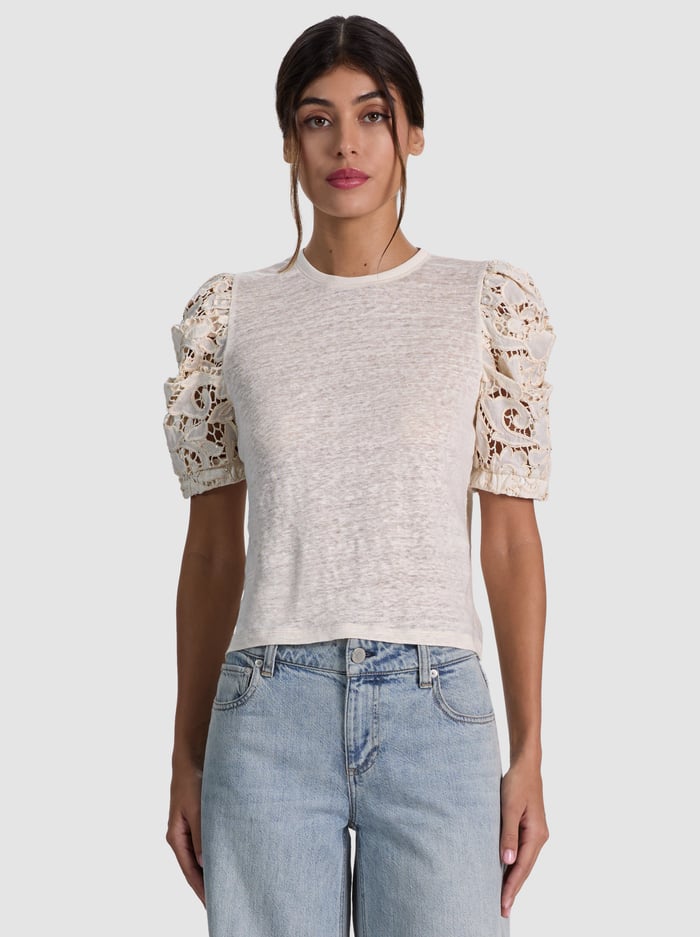TYLER LINEN CREW NECK TOP - NATURAL - ALICE + OLIVIA