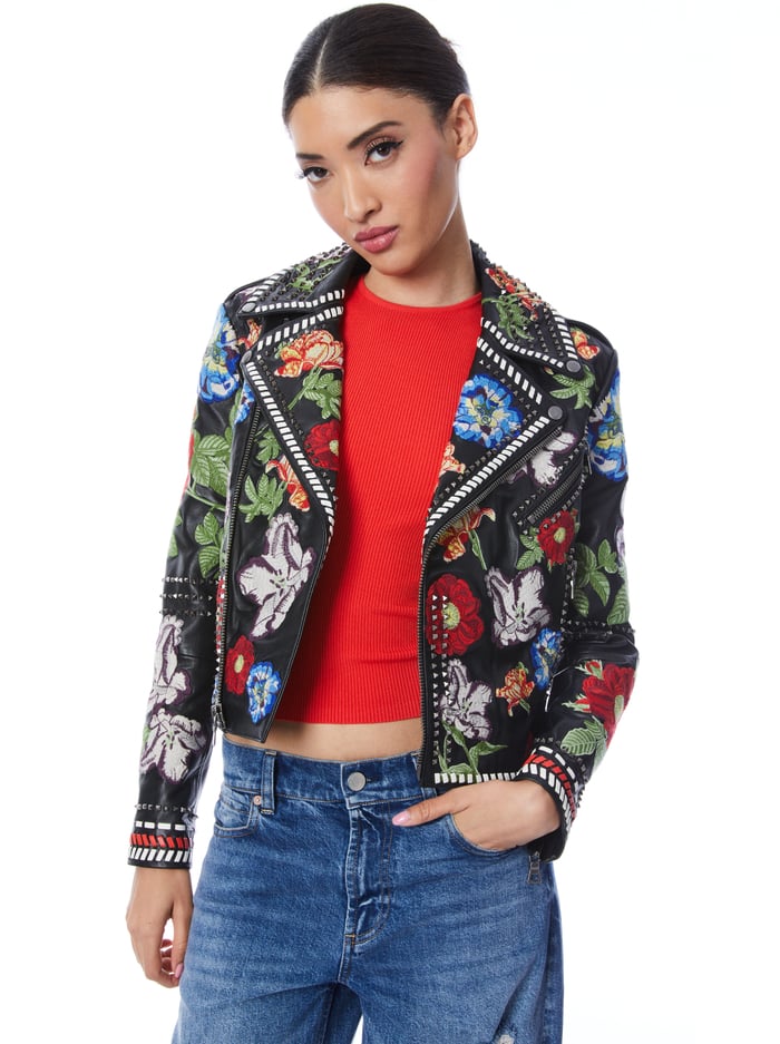 CODY EMBROIDERED LEATHER MOTO JACKET - ATRIUM FLORAL LG - Alice And Olivia