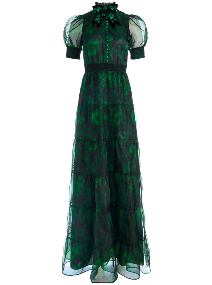 COLETTA VELVET BOW NECK BUTTON FRONT MAXI DRESS - DREAM FLORAL EMERALD image 5 - Alice And Olivia