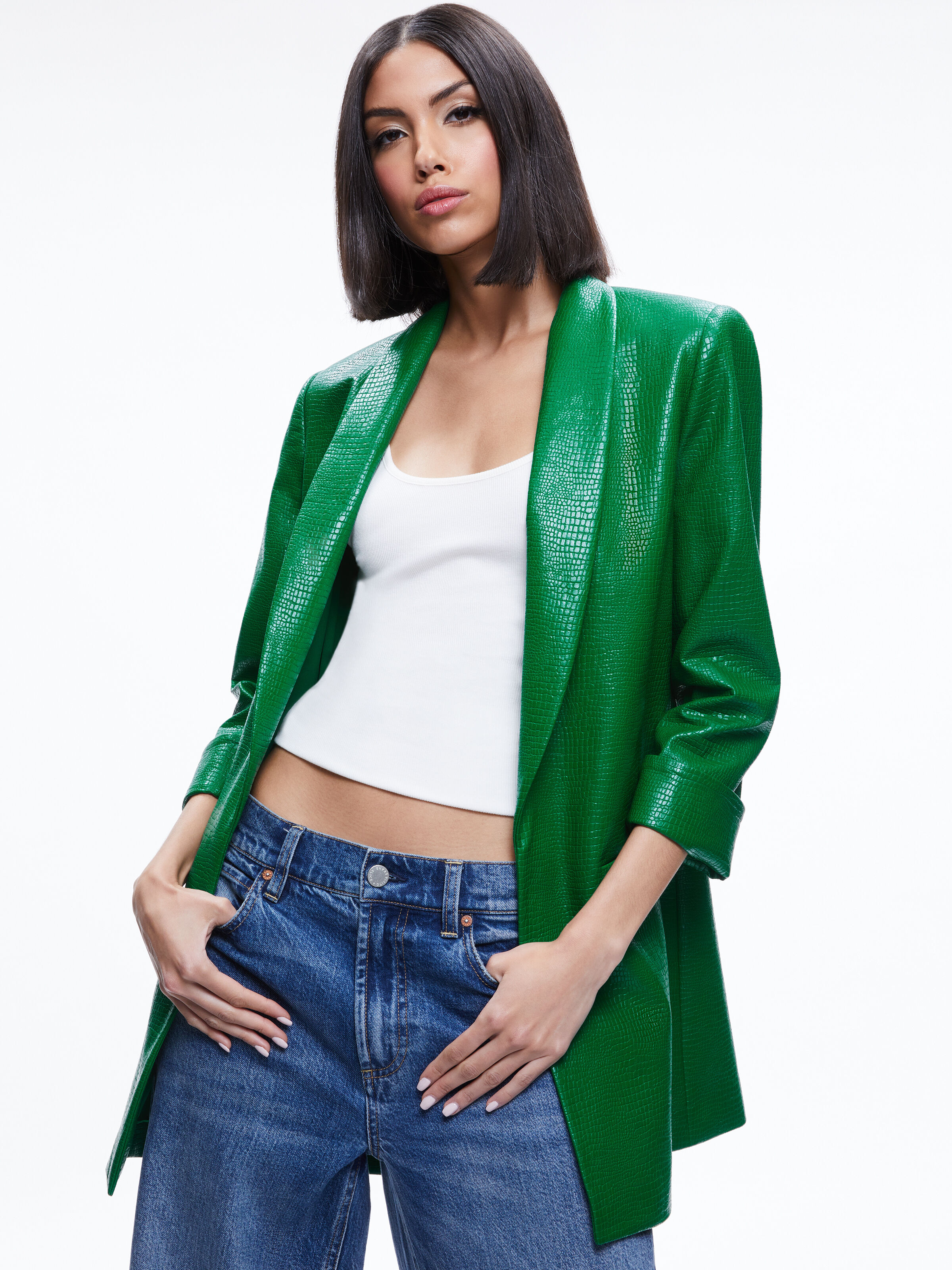 KYLIE VEGAN LEATHER CROC JACKET in EMERALD | ALICE + OLIVIA