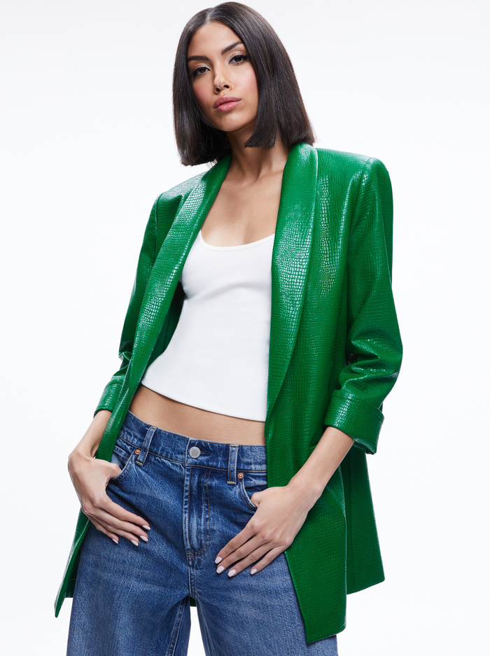 KYLIE VEGAN LEATHER CROC JACKET - EMERALD - Alice And Olivia