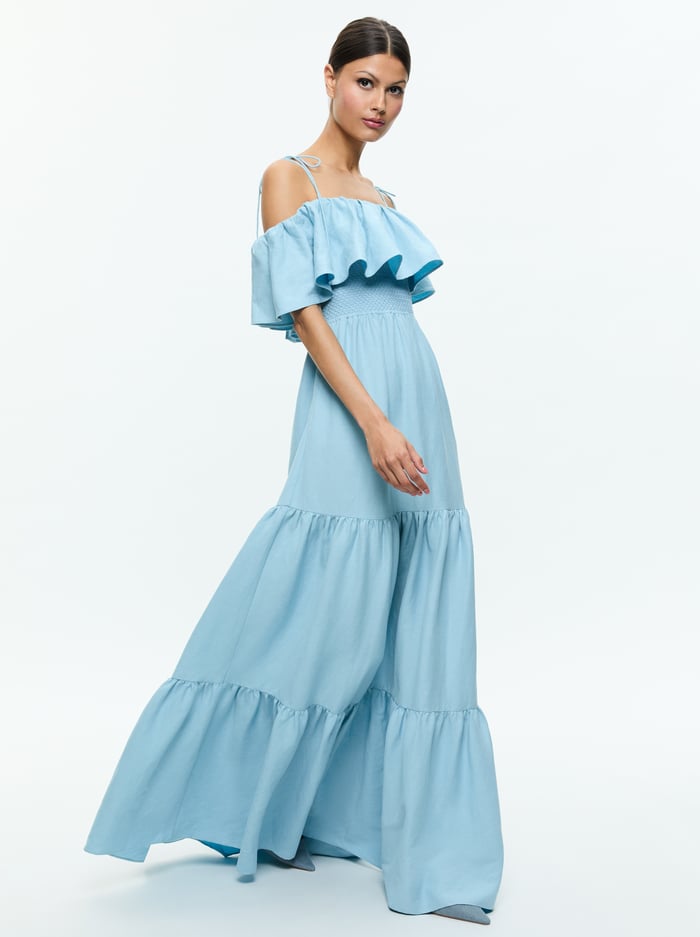 KIA OFF THE SHOULDER TIERED MAXI DRESS - MINERAL BLUE image 3 - Alice And Olivia