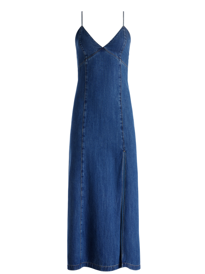 JULIETTA DENIM SLIP DRESS WITH SLIT - AVERY BLUE image 5 - Alice And Olivia