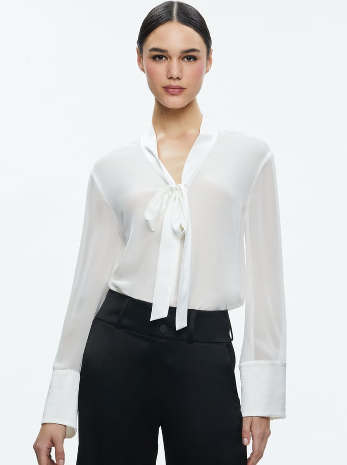 BRADY OVERSIZED BUTTON DOWN WITH BOW TIE - OFF WHITE - Alice And Olivia