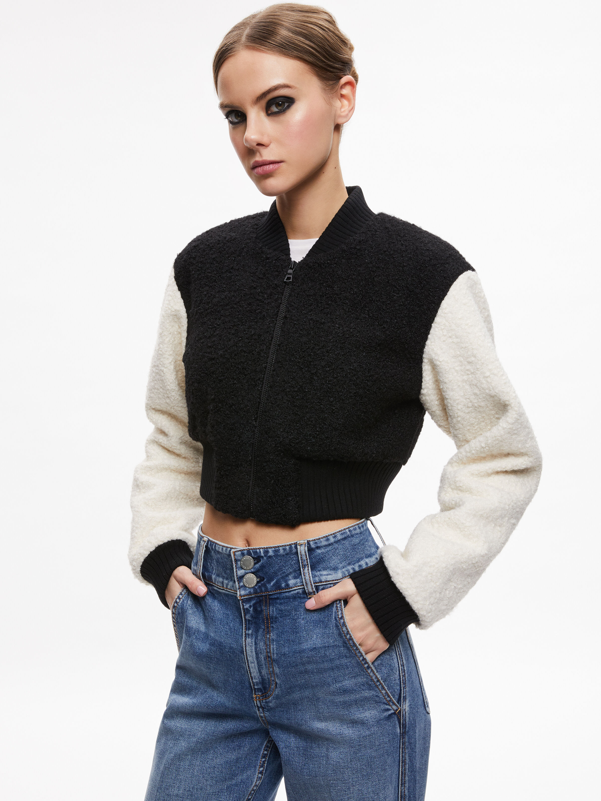 Felisa Fuzzy Knit Cropped Varsity Jacket In Black ecru Alice Olivia