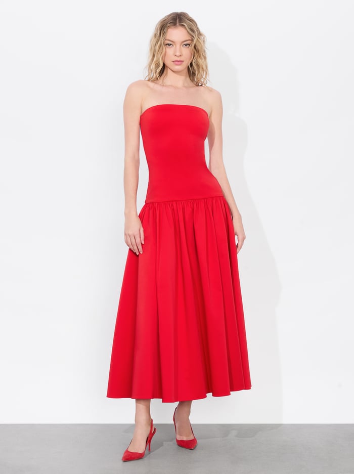 ORIANA DROP WAIST MIDI DRESS - BRIGHT RUBY - Alice And Olivia