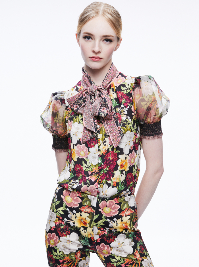 BRENTLEY PUFF SLEEVE BLOUSE - JUNIPER FLORAL BLACK - Alice And Olivia