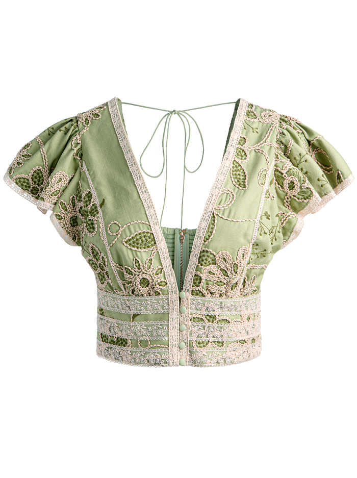 KEELEY EMBROIDERED FLUTTER SLEEVE TOP - GREEN LILY/OATMEAL image 5 - ALICE + OLIVIA
