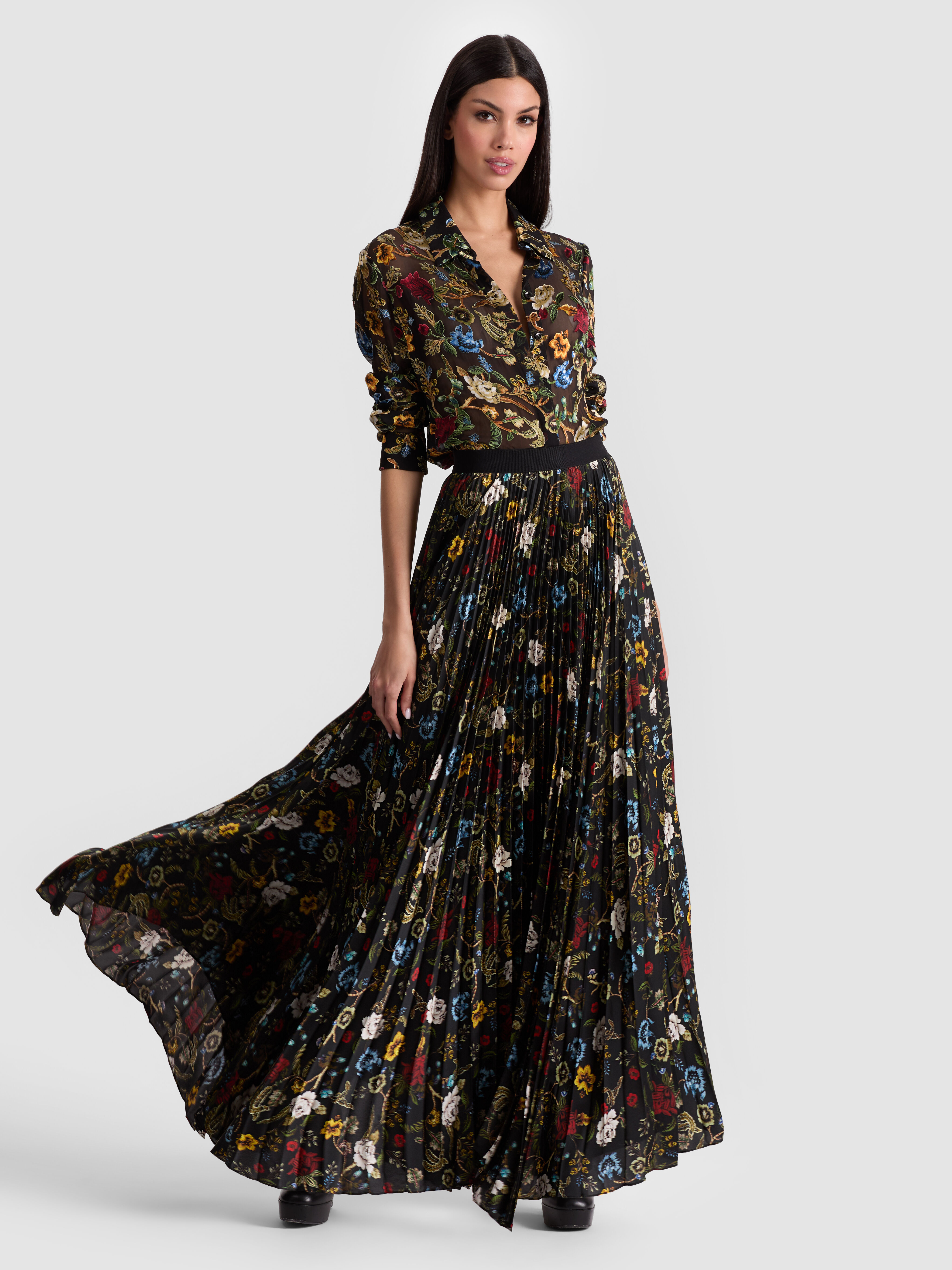 上品!【Alice+Olivia】LAVERNE ドット柄 フリル マキシ丈 ドレス Laverne Maxi Dress In Black/off White Polka Dot | Alice + Olivia