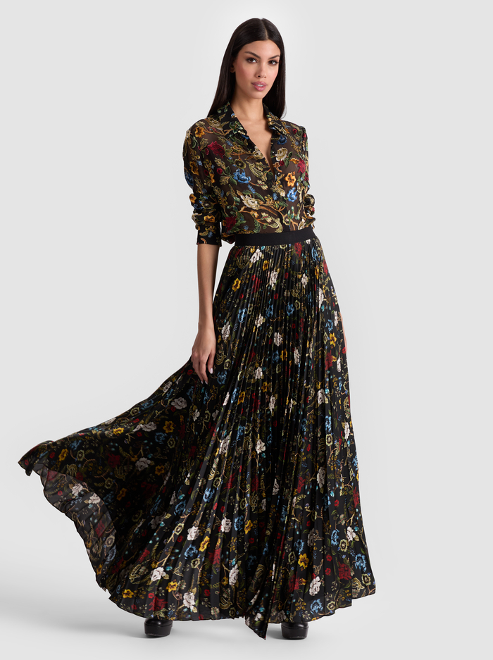 KATZ PLEATED MAXI SKIRT - TAPESTRY TRAILS SM BLACK image 1 - Alice And Olivia