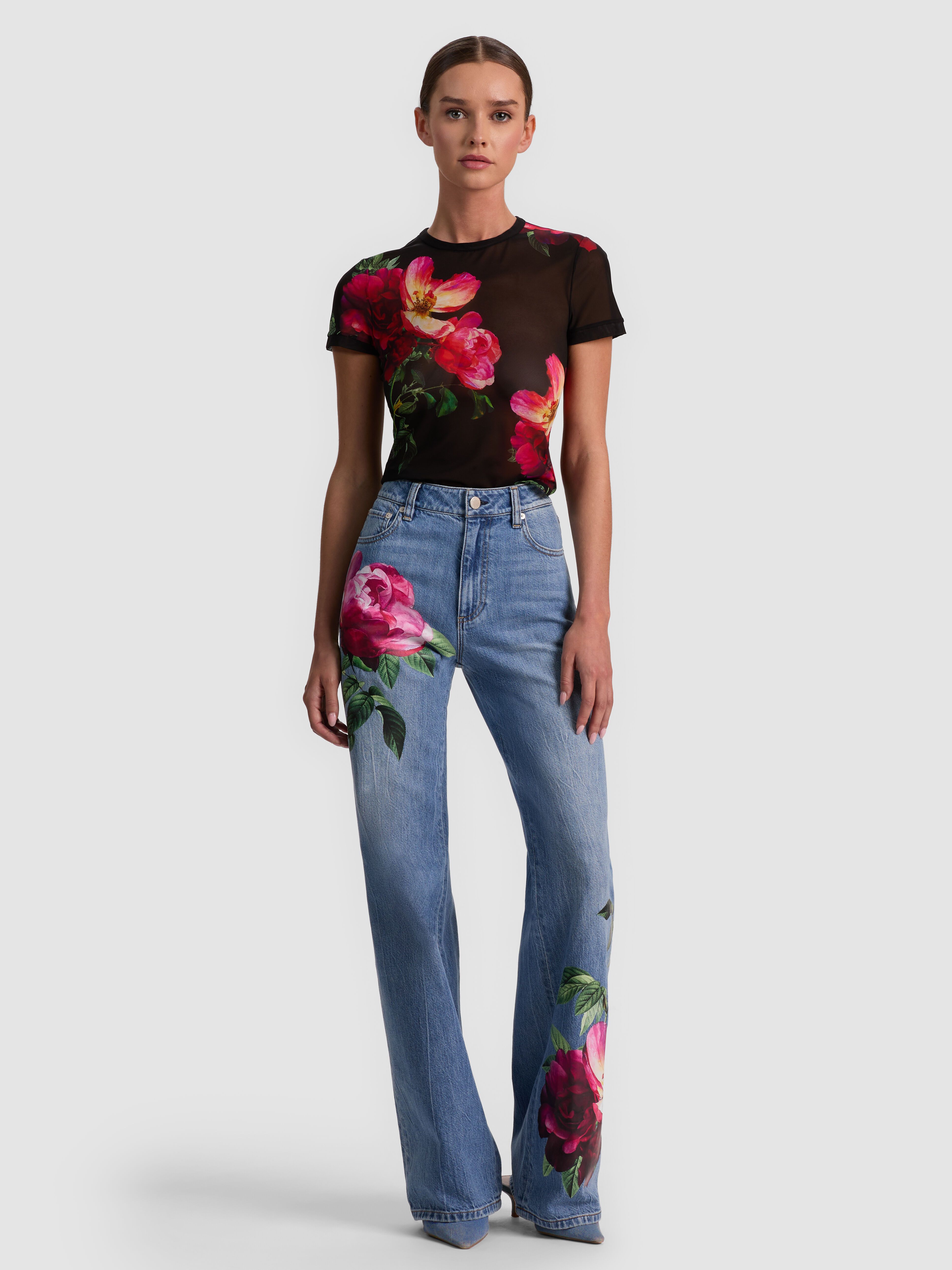 CHIC PRINTED JEAN in DENVER BRIGHT BLUE/EMPRS BLOOM | ALICE + OLIVIA