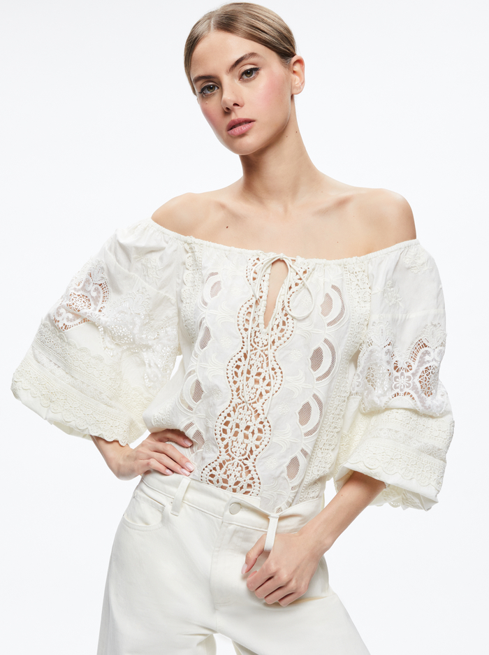 ALTA EMBROIDERED OFF THE SHOULDER BLOUSE - ECRU - Alice And Olivia