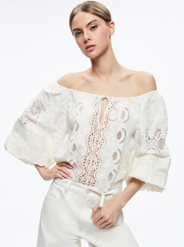 ALTA EMBROIDERED OFF THE SHOULDER BLOUSE - ECRU - Alice And Olivia