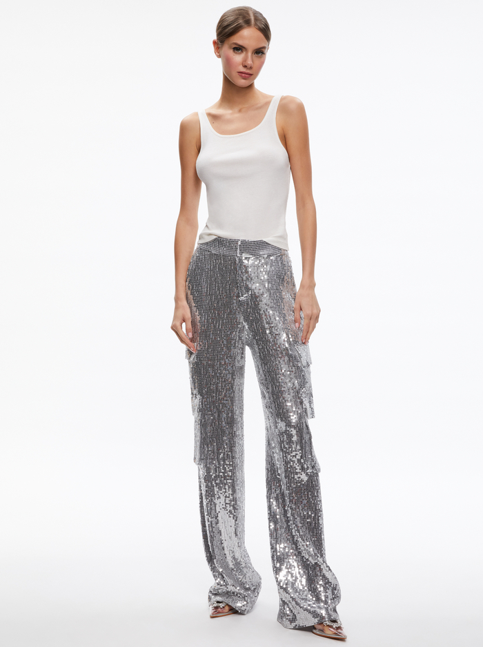 HAYES SEQUIN EMBELLISHED WIDE LEG PANT - SILVER image 2 - ALICE + OLIVIA