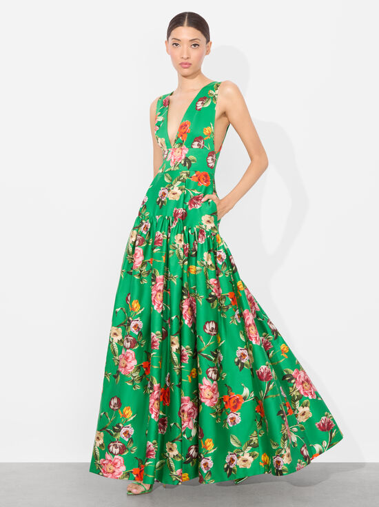 HAMPTONS FLORAL-LILA STRUCTURED MAXI DRESS