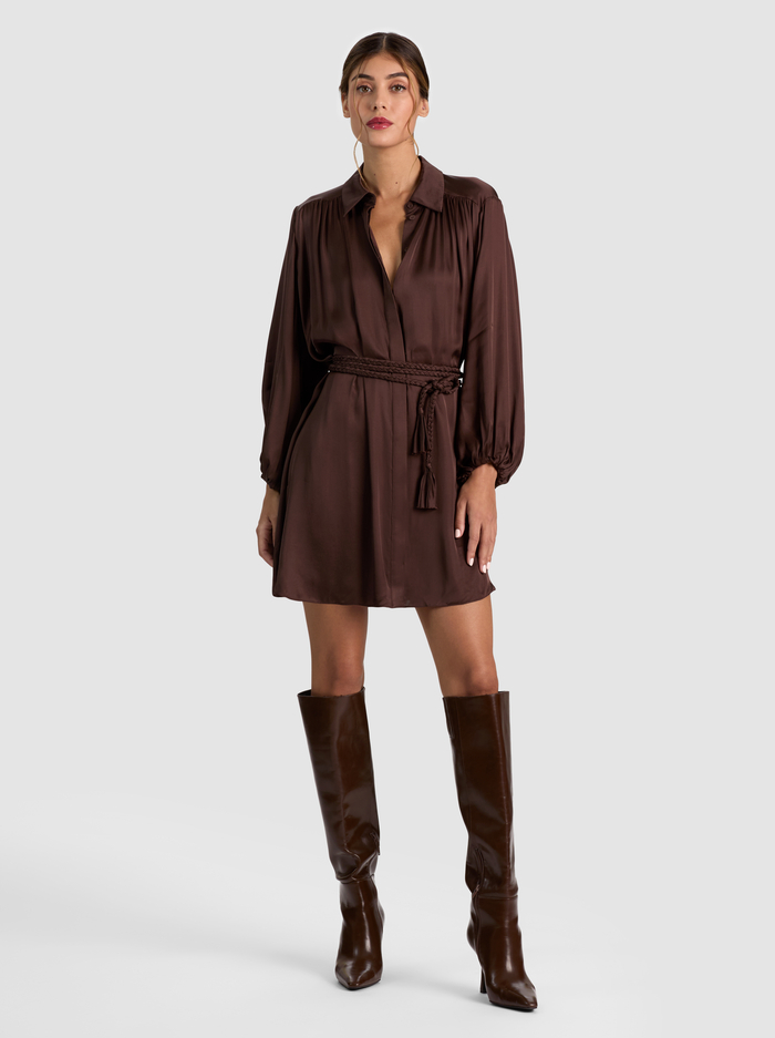 MARGAUX TIE FRONT MINI DRESS - DARK CHOCOLATE - ALICE + OLIVIA