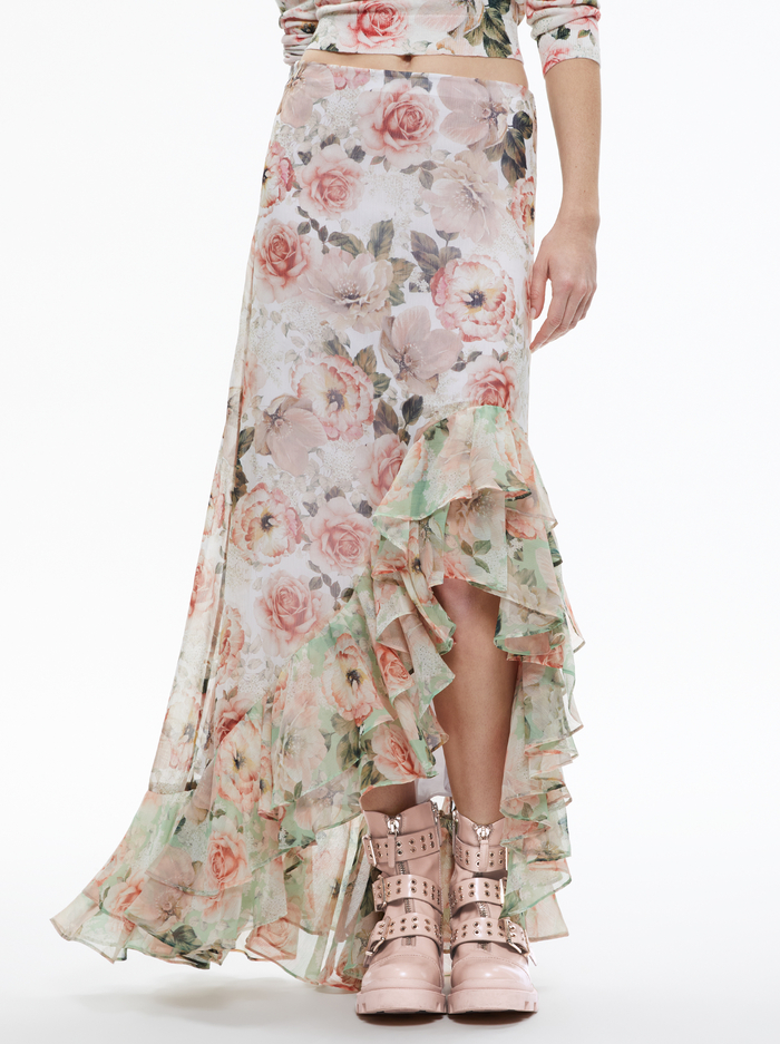BRAYLEE ASSYMETRIC RUFFLE SLIP SKIRT - MORNINGSIDE FLORAL WHITE - Alice And Olivia