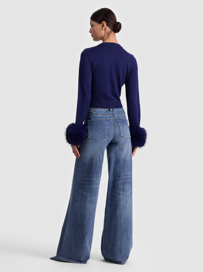 DOLLIE FAUX FUR CUFF CARDIGAN - MIDNIGHT BLUE image 3 - ALICE + OLIVIA