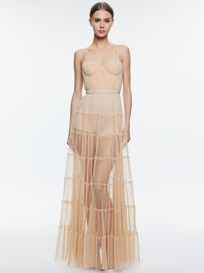 DEENA PLEATED MAXI DRESS WITH HOT PANT - ALMOND image 4 - Alice And Olivia