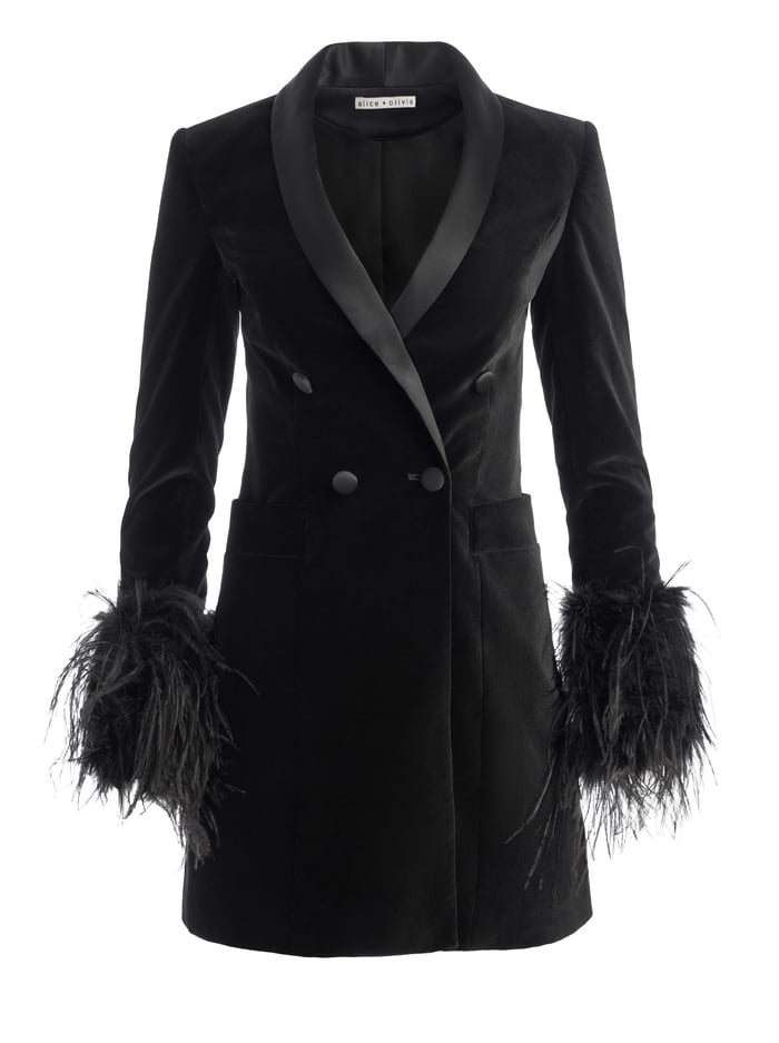 LATOYA FEATHER CUFF BLAZER MINI DRESS - BLACK/BLACK image 4 - Alice And Olivia