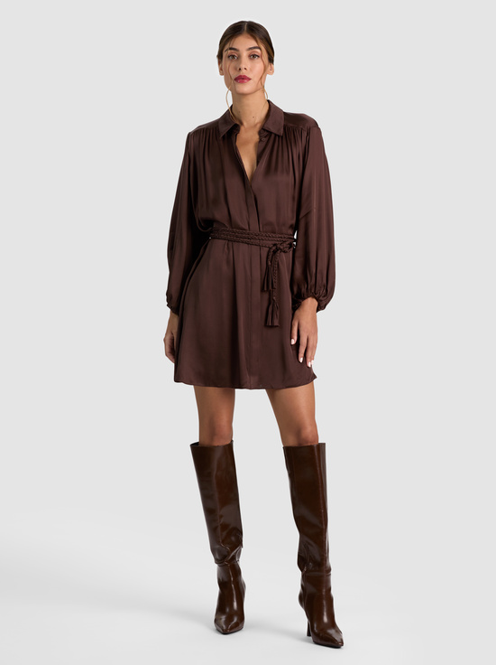 DARK CHOCOLATE-MARGAUX TIE FRONT MINI DRESS