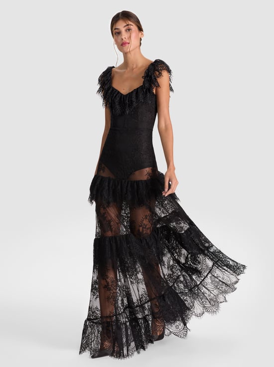 BLACK-MYRNA LACE TIERED GOWN