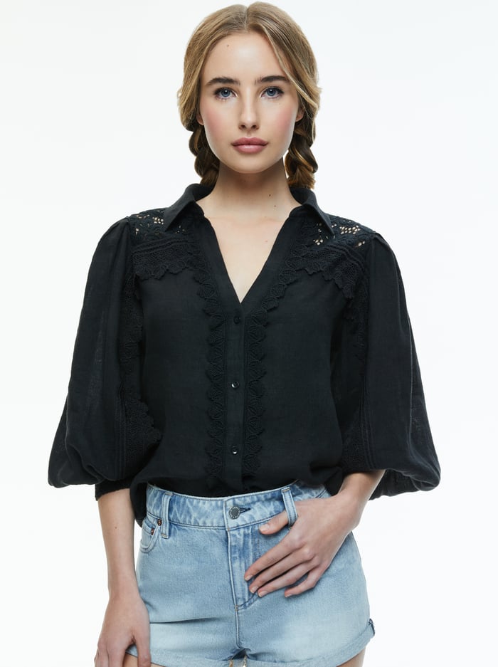 VENTY BUTTON FRONT BLOUSE - BLACK - Alice And Olivia