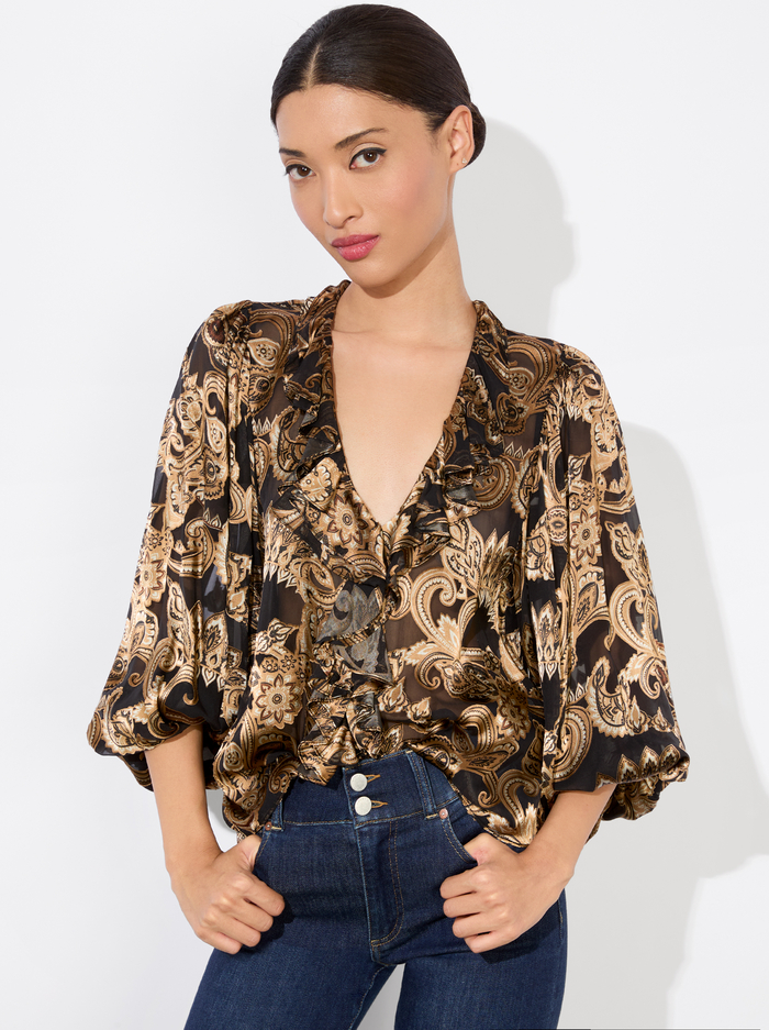 BETSIE RUFFLED BLOUSE - SPRING PAISLEY BLACK - Alice And Olivia