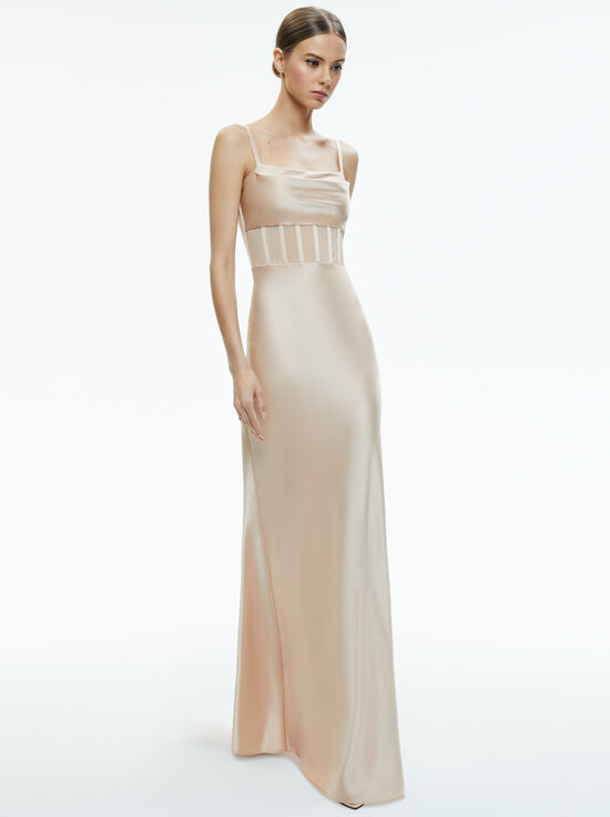ALMOND-VALENTINA DRAPED CORSET MAXI DRESS