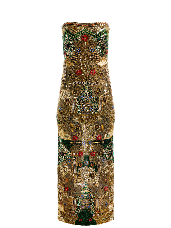 GOLD/MULTI-DELORA EMBELLISHED STRAPLESS GOWN