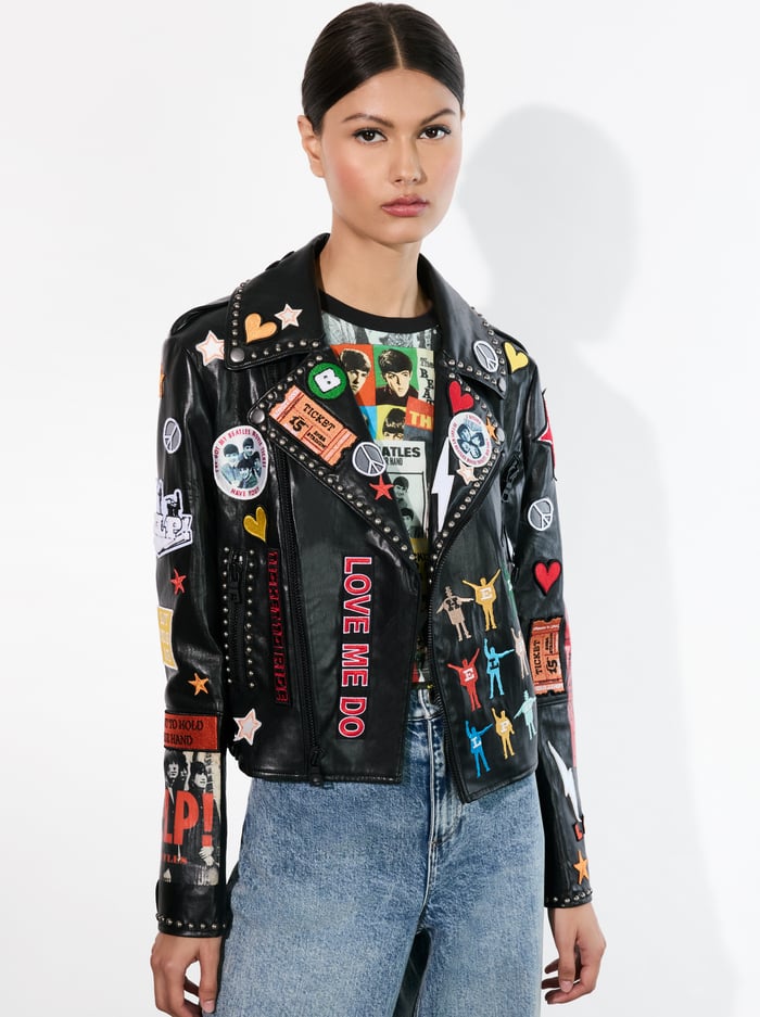 A+O X THE BEATLES CODY VEGAN LEATHER JACKET - BLACK MULTI image 1 - Alice And Olivia