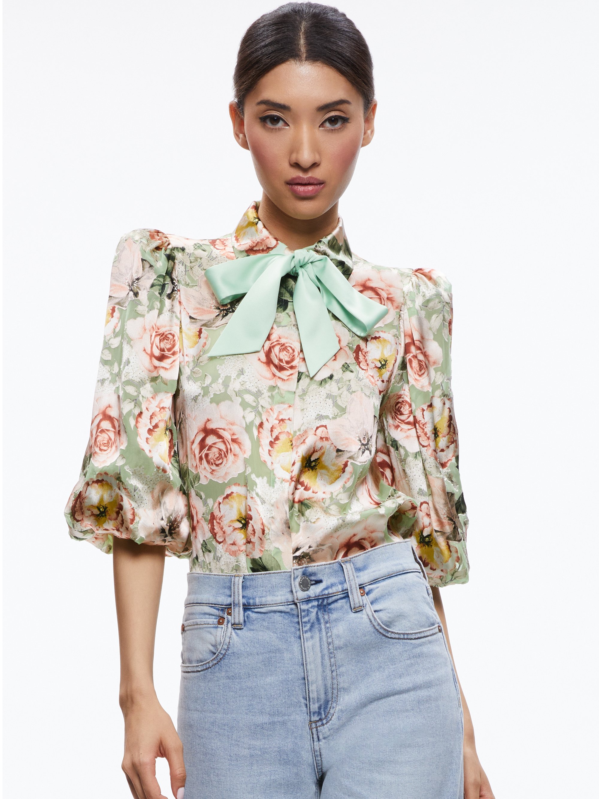 Brentley Tie Neck Blouson Sleeve Blouse In Morningside Floral Pistachio