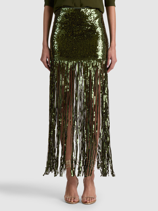 DARK FERN-KENDRA SEQUIN FRINGE MAXI SKIRT