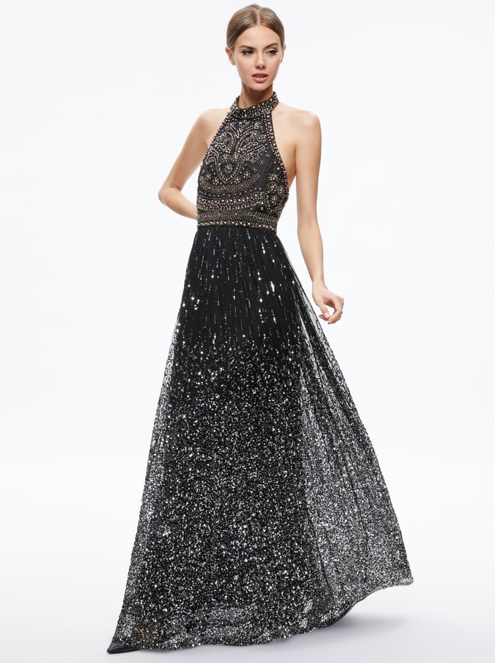 JAEL EMBELLISHED HALTER NECK MAXI GOWN - BLACK/MULTI image 4 - Alice And Olivia