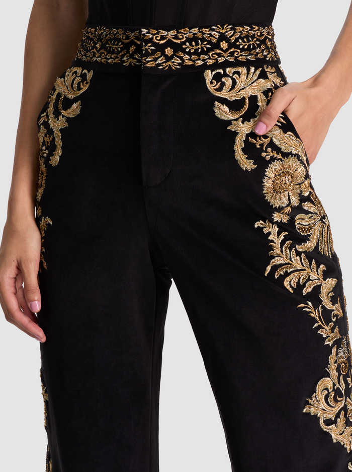 DYLAN EMBROIDERED VELVET PANT - BLACK/GOLD image 3 - Alice And Olivia