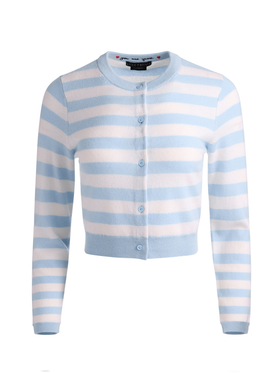 CAROLINA BLUE/ECRU-DOLLIE STRIPED CASHMERE CARDIGAN