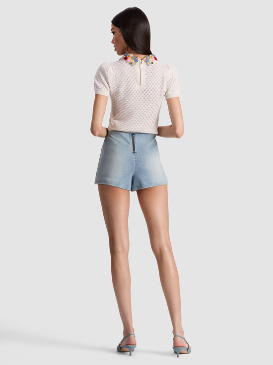 SOFT WHITE/MULTI-CHASE PUFF SLEEVE SWEATER