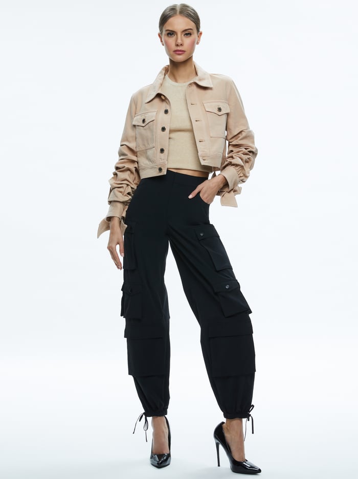 TIFF DENIM JACKET WITH BOW SLEEVE - ALMOND image 2 - Alice And Olivia