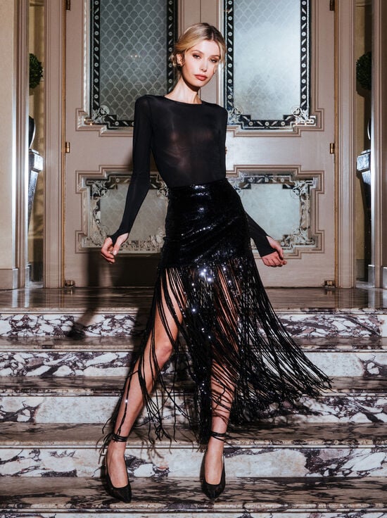 BLACK-KENDRA SEQUIN FRINGE MAXI SKIRT