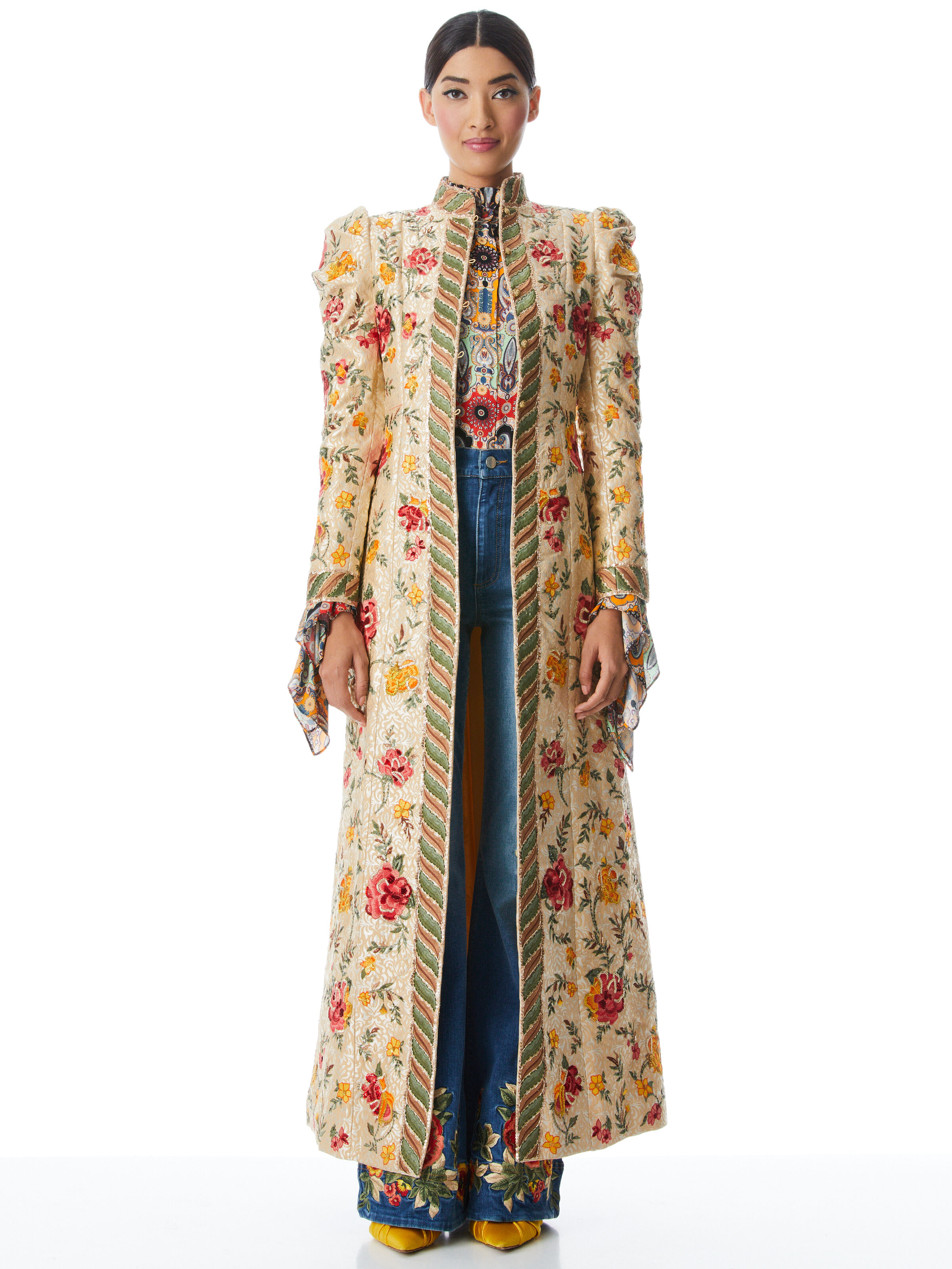Thomas Puff Sleeve Embroidered Maxi Coat In Light Gold multi Alice Olivia