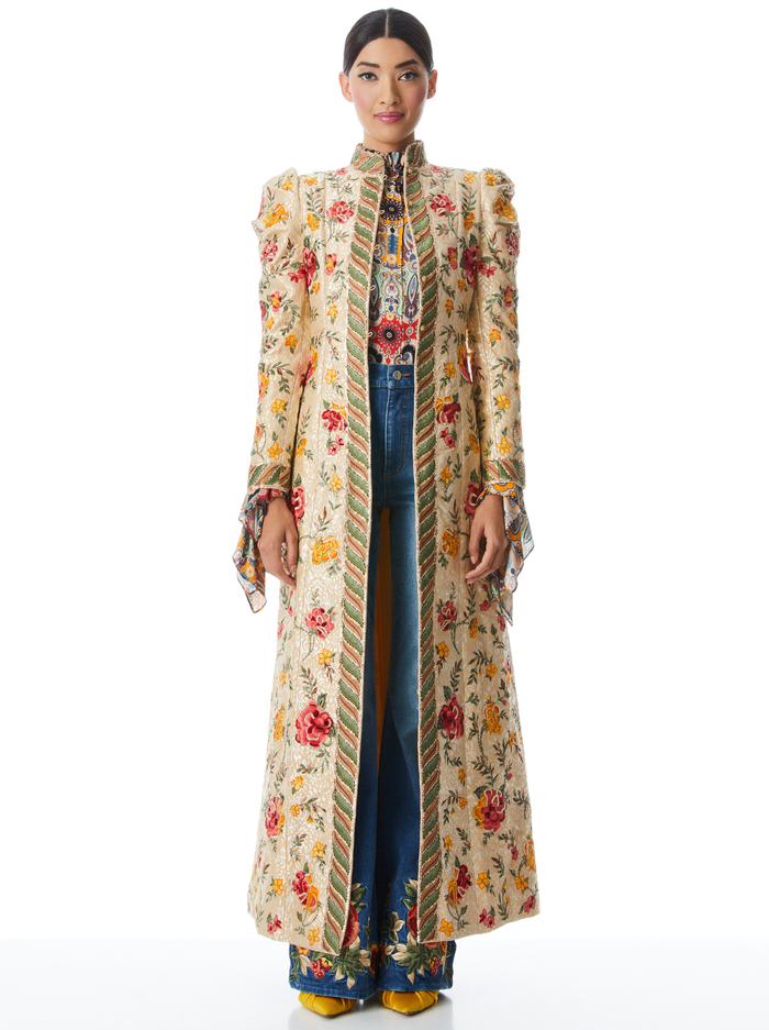 THOMAS PUFF SLEEVE EMBROIDERED MAXI COAT - LIGHT GOLD/MULTI - Alice And Olivia