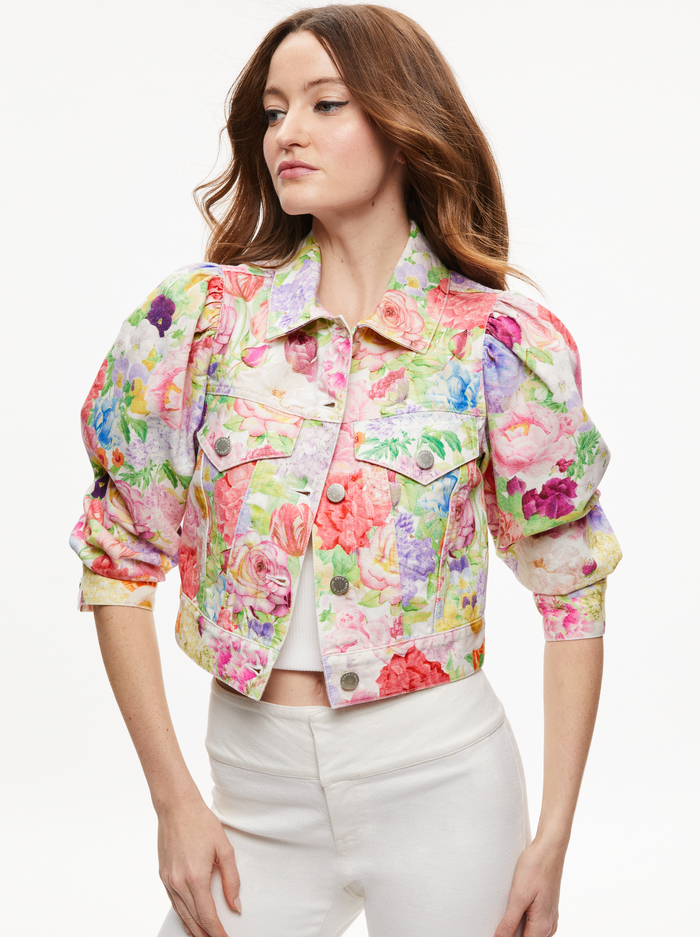 LANA PUFF SLEEVE DENIM JACKET - DAWN FLORAL - Alice And Olivia