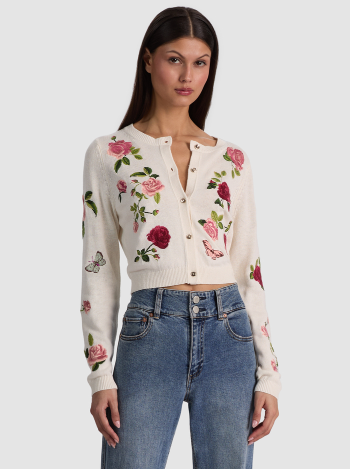 DOLLIE EMBROIDERED CARDIGAN - GARDEN GOSSIP OFF WHITE - ALICE + OLIVIA