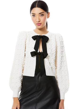 SOFT WHITE/BLACK-KITTY PUFF SLEEVE CARDIGAN